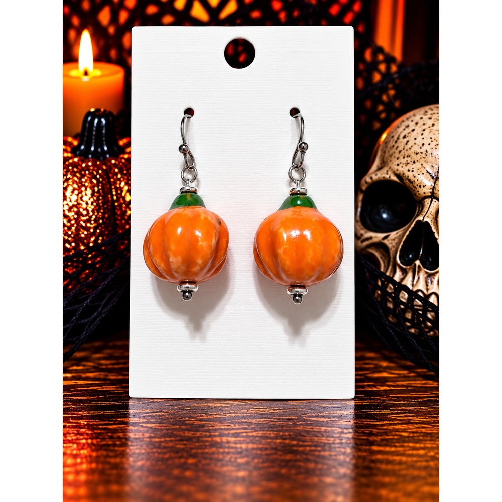 Ceramic Pumpkin Earrings Orange Fall Halloween Dangle Earrings Handmade